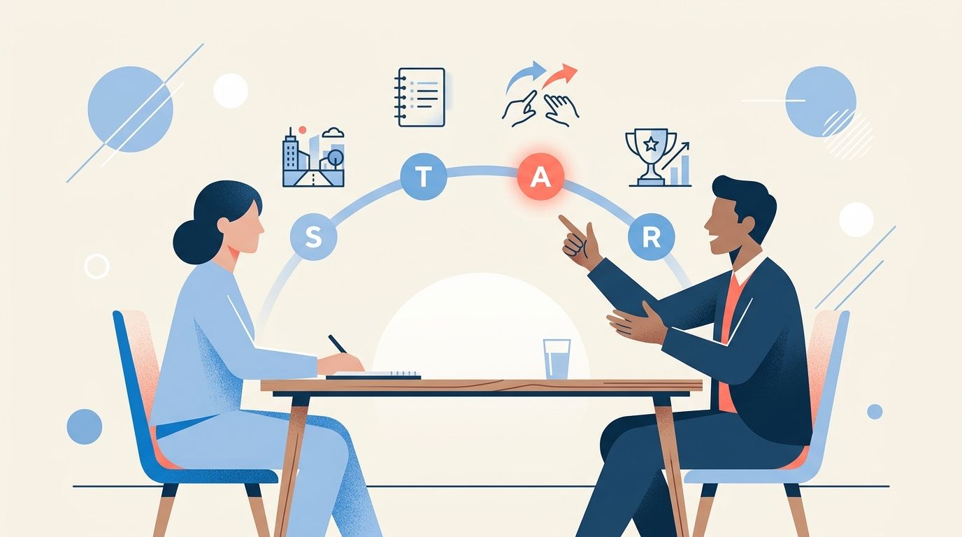 Behavioral interview questions: structured STAR method conversation between interviewer and candidate