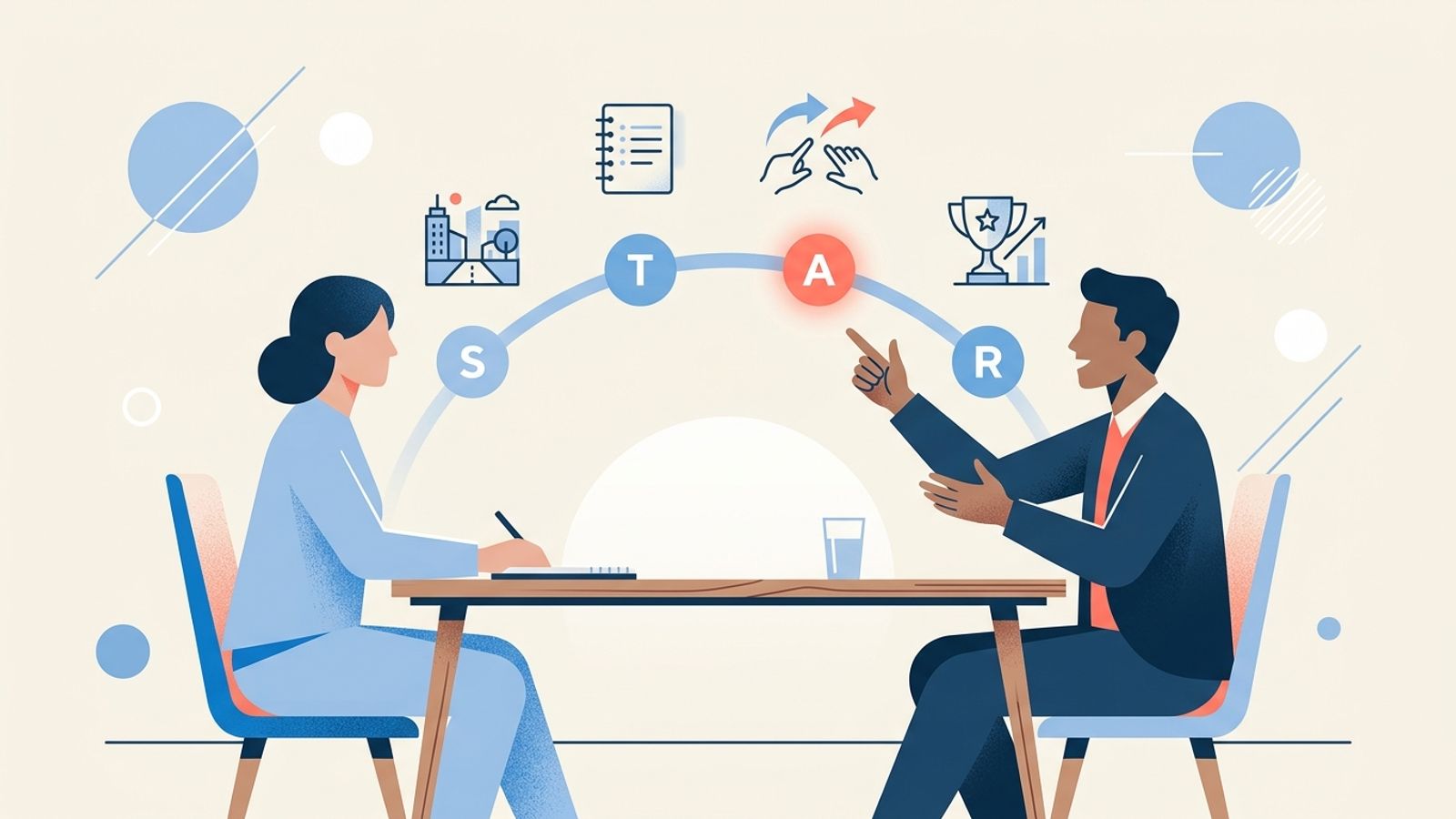 Behavioral interview questions: structured STAR method conversation between interviewer and candidate