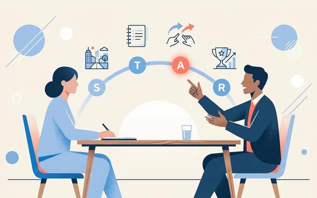 Behavioral interview questions: structured STAR method conversation between interviewer and candidate