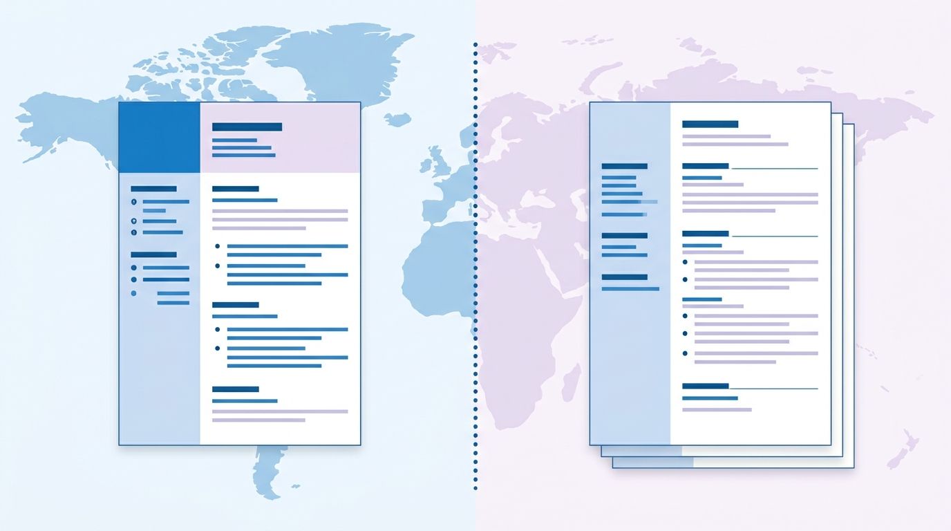 Side-by-side comparison of a one-page resume and a multi-page CV with a world map showing regional differences