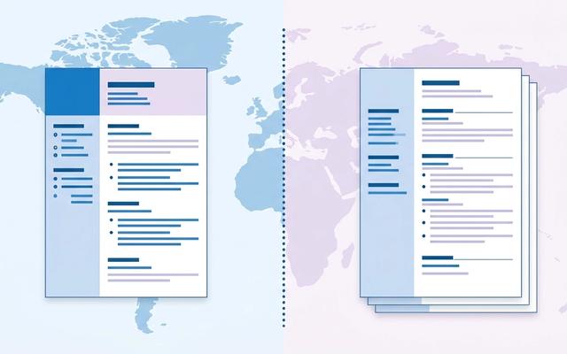 Side-by-side comparison of a one-page resume and a multi-page CV with a world map showing regional differences