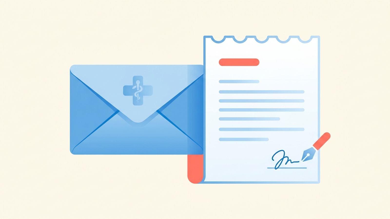 Abstract illustration of a letter envelope with a medical caduceus motif and a signed document page, representing a nurse cover letter
