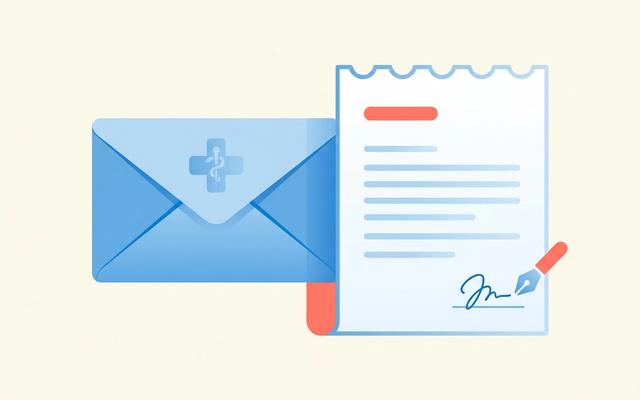 Abstract illustration of a letter envelope with a medical caduceus motif and a signed document page, representing a nurse cover letter