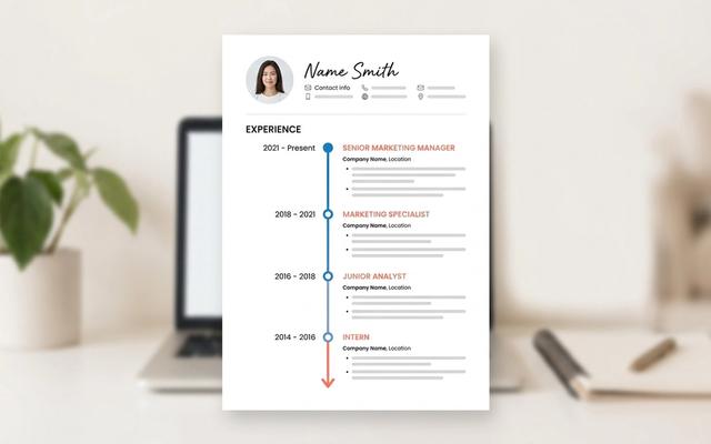 Resume document showing a chronological timeline of work experience flowing from most recent to oldest