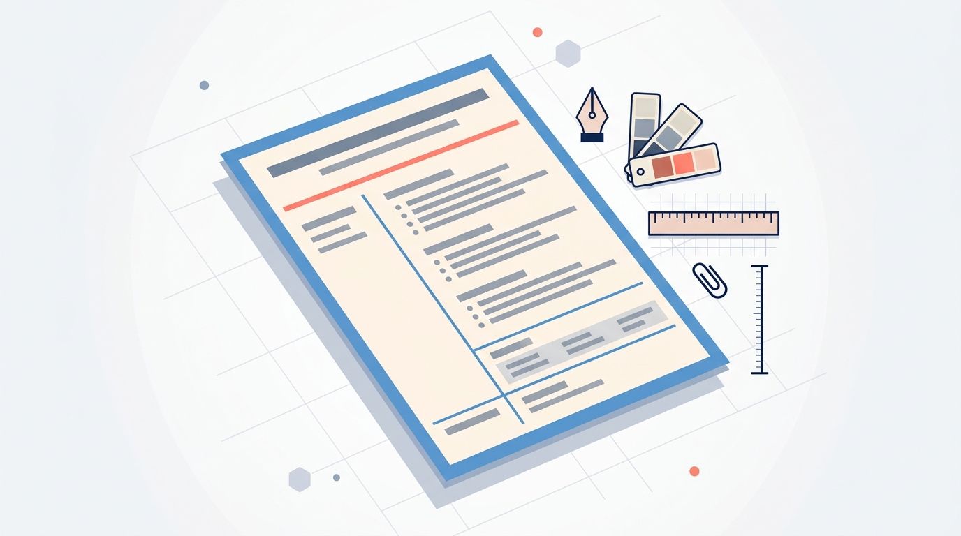 Detailed editorial illustration of a single-column minimalist resume document with a coral accent line and design-tool icons (pen, palette, ruler) in soft blue and coral on a light background