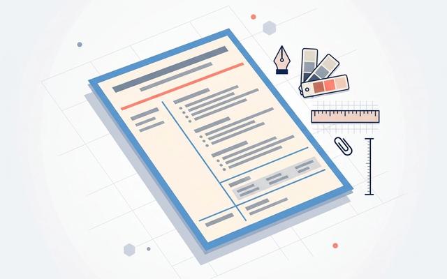 Detailed editorial illustration of a single-column minimalist resume document with a coral accent line and design-tool icons (pen, palette, ruler) in soft blue and coral on a light background