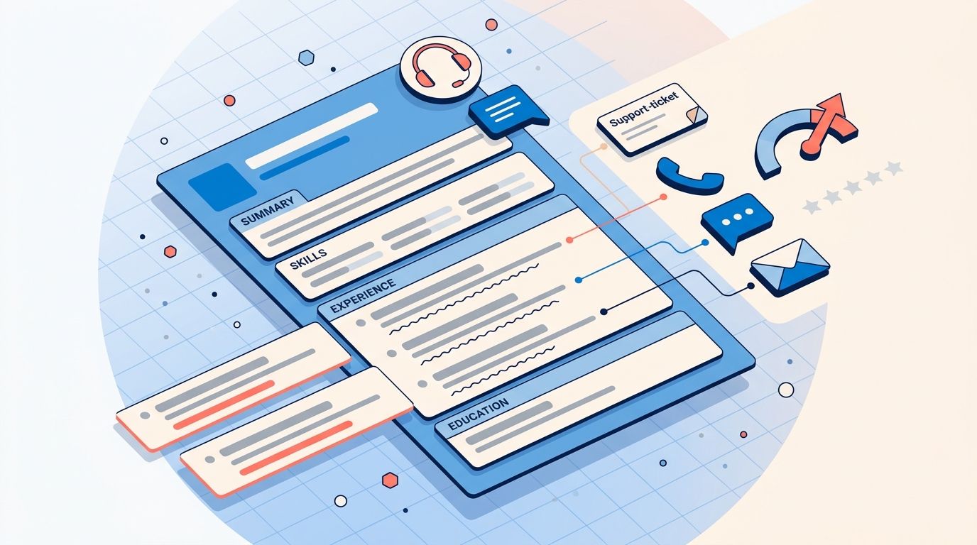 Detailed editorial illustration of a customer service resume document linked to CRM channel icons (headset, chat, email, ticket, CSAT gauge) in soft blue and coral on a light background