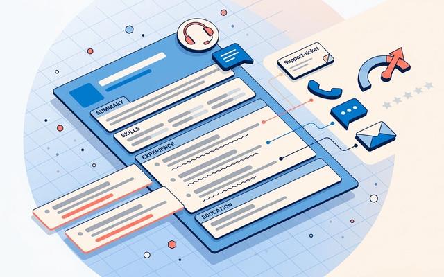 Detailed editorial illustration of a customer service resume document linked to CRM channel icons (headset, chat, email, ticket, CSAT gauge) in soft blue and coral on a light background