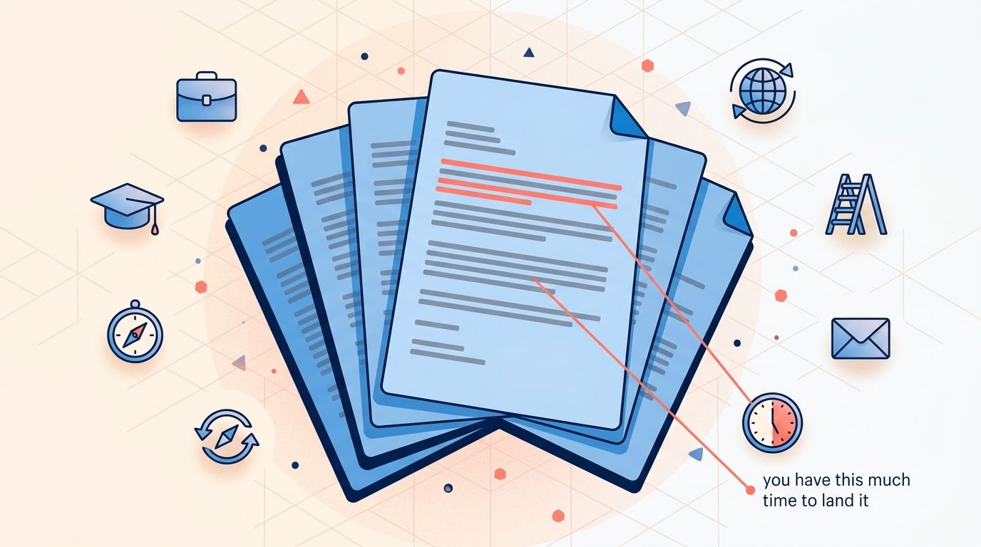 Detailed editorial illustration of a fanned stack of cover letter documents with the opening lines highlighted in coral, surrounded by role-icons (briefcase, graduation cap, compass, globe, ladder, envelope, clock) on a soft blue and cream background