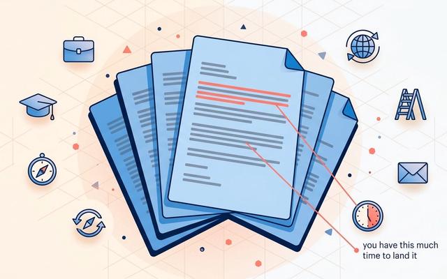 Detailed editorial illustration of a fanned stack of cover letter documents with the opening lines highlighted in coral, surrounded by role-icons (briefcase, graduation cap, compass, globe, ladder, envelope, clock) on a soft blue and cream background
