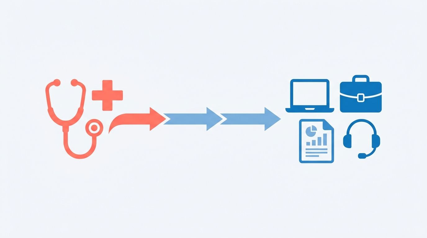 Abstract illustration of a medical icon transitioning into corporate non-clinical career icons via a pathway, in soft blue and coral on a light background