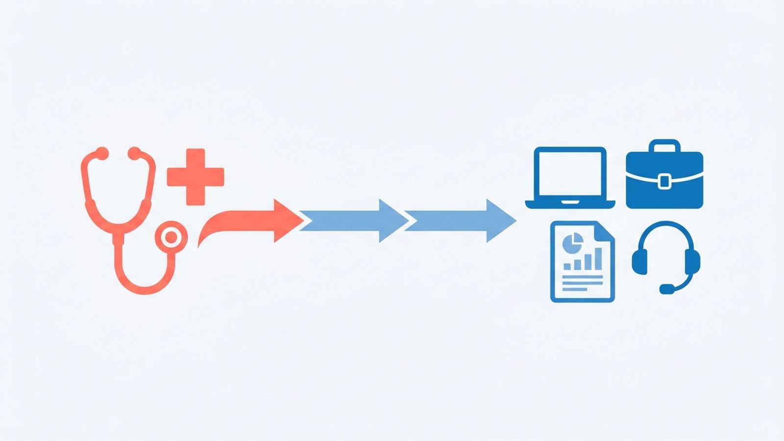 Abstract illustration of a medical icon transitioning into corporate non-clinical career icons via a pathway, in soft blue and coral on a light background