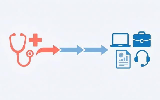 Abstract illustration of a medical icon transitioning into corporate non-clinical career icons via a pathway, in soft blue and coral on a light background