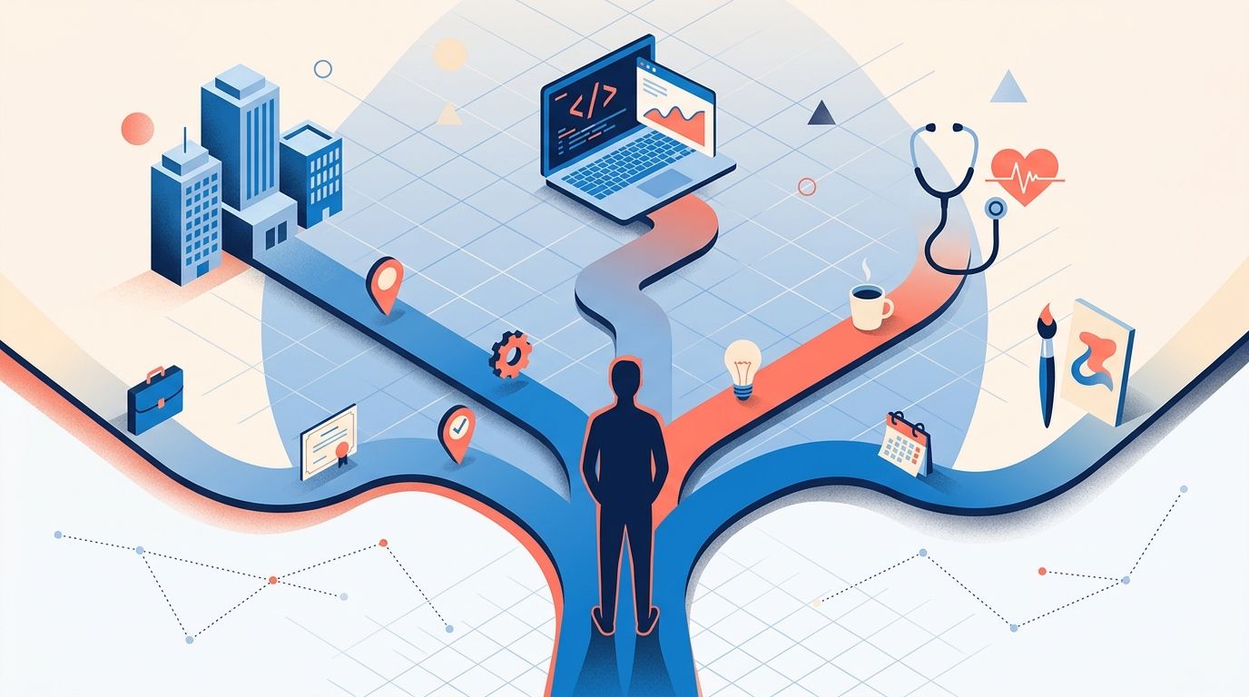 Detailed editorial illustration of a figure at a junction with multiple career paths branching out toward different industry icons in soft blue, coral, and cream