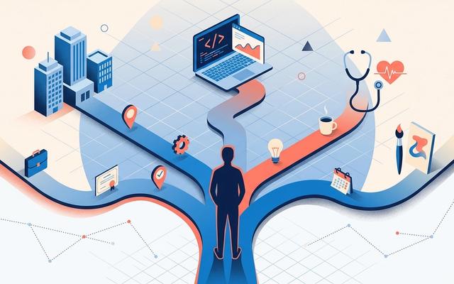Detailed editorial illustration of a figure at a junction with multiple career paths branching out toward different industry icons in soft blue, coral, and cream