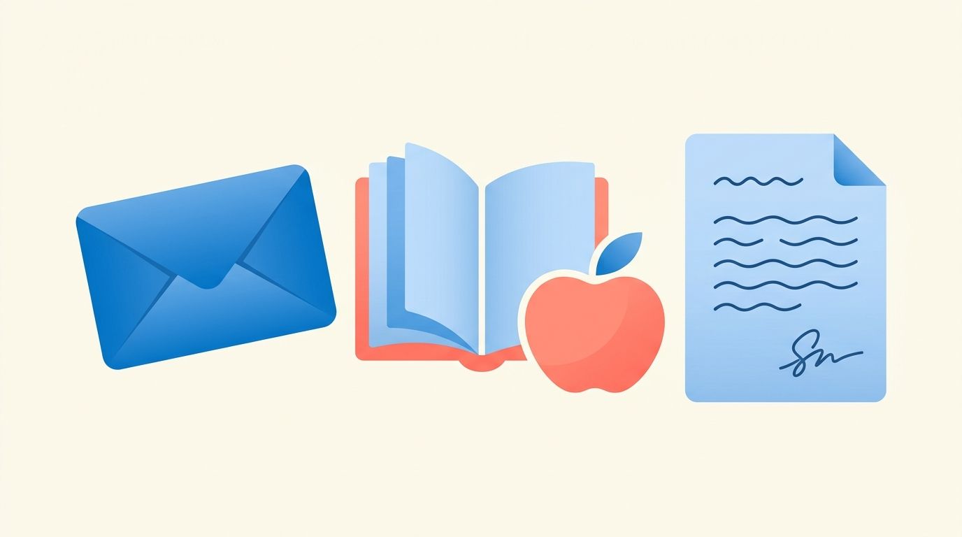 Abstract illustration of a letter envelope with a pencil and open book shapes, representing a teacher cover letter