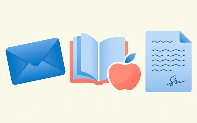 Abstract illustration of a letter envelope with a pencil and open book shapes, representing a teacher cover letter