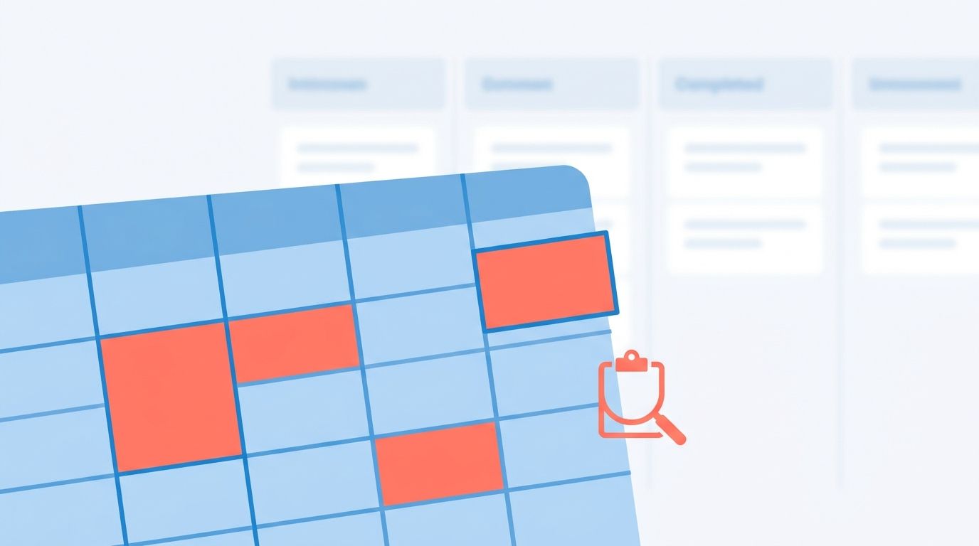 Abstract illustration of a job application tracker spreadsheet with highlighted cells and a hint of a Kanban board, in soft blue and coral on a light background