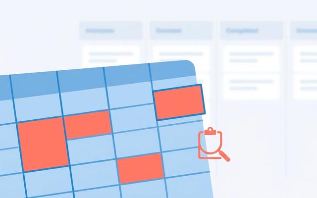 Abstract illustration of a job application tracker spreadsheet with highlighted cells and a hint of a Kanban board, in soft blue and coral on a light background