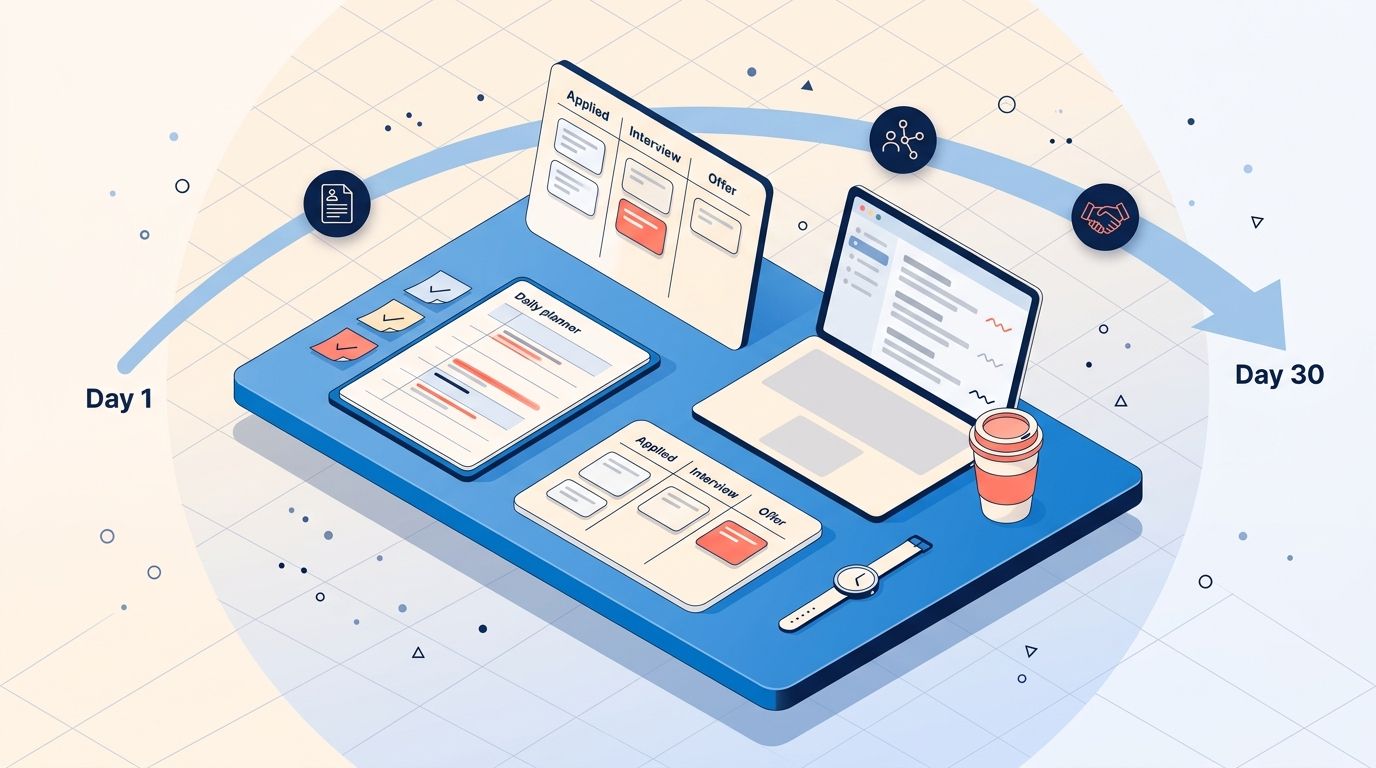 Detailed editorial illustration of a job-search workstation with a planner, Kanban board, laptop, and timeline arc spanning 30 days, in soft blue and coral on a light background