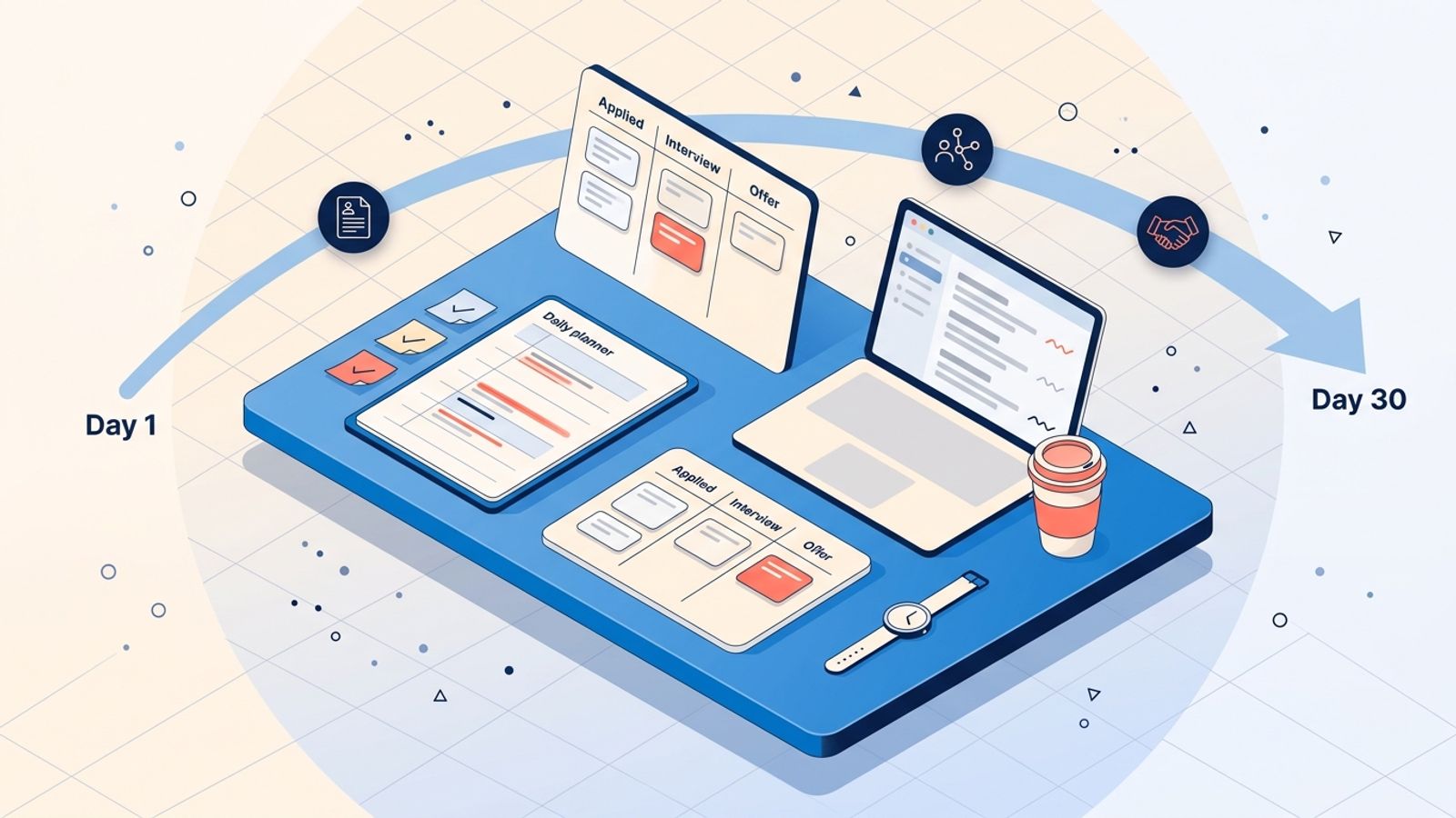 Detailed editorial illustration of a job-search workstation with a planner, Kanban board, laptop, and timeline arc spanning 30 days, in soft blue and coral on a light background