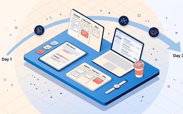 Detailed editorial illustration of a job-search workstation with a planner, Kanban board, laptop, and timeline arc spanning 30 days, in soft blue and coral on a light background