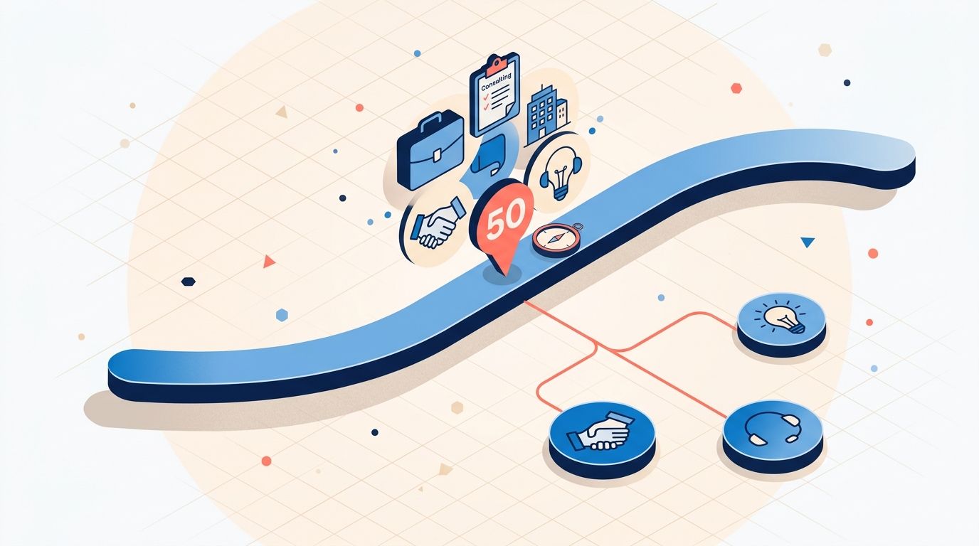 Detailed editorial illustration of an upward-curving career timeline arc with a prominent marker at age 50, surrounded by direction icons for consulting, encore career, entrepreneurship, and coaching, in soft blue and coral on a light background
