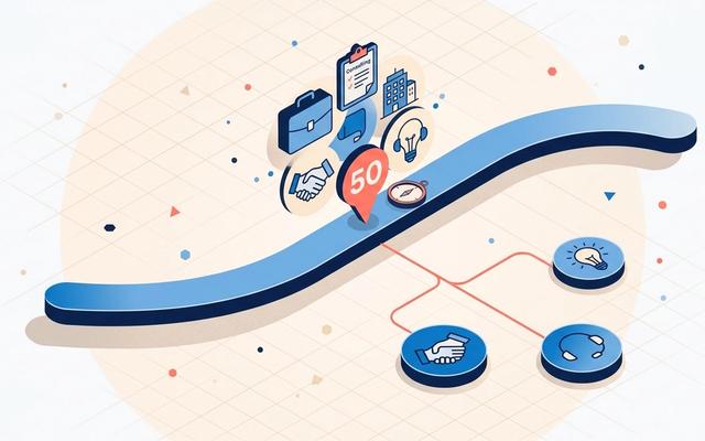Detailed editorial illustration of an upward-curving career timeline arc with a prominent marker at age 50, surrounded by direction icons for consulting, encore career, entrepreneurship, and coaching, in soft blue and coral on a light background