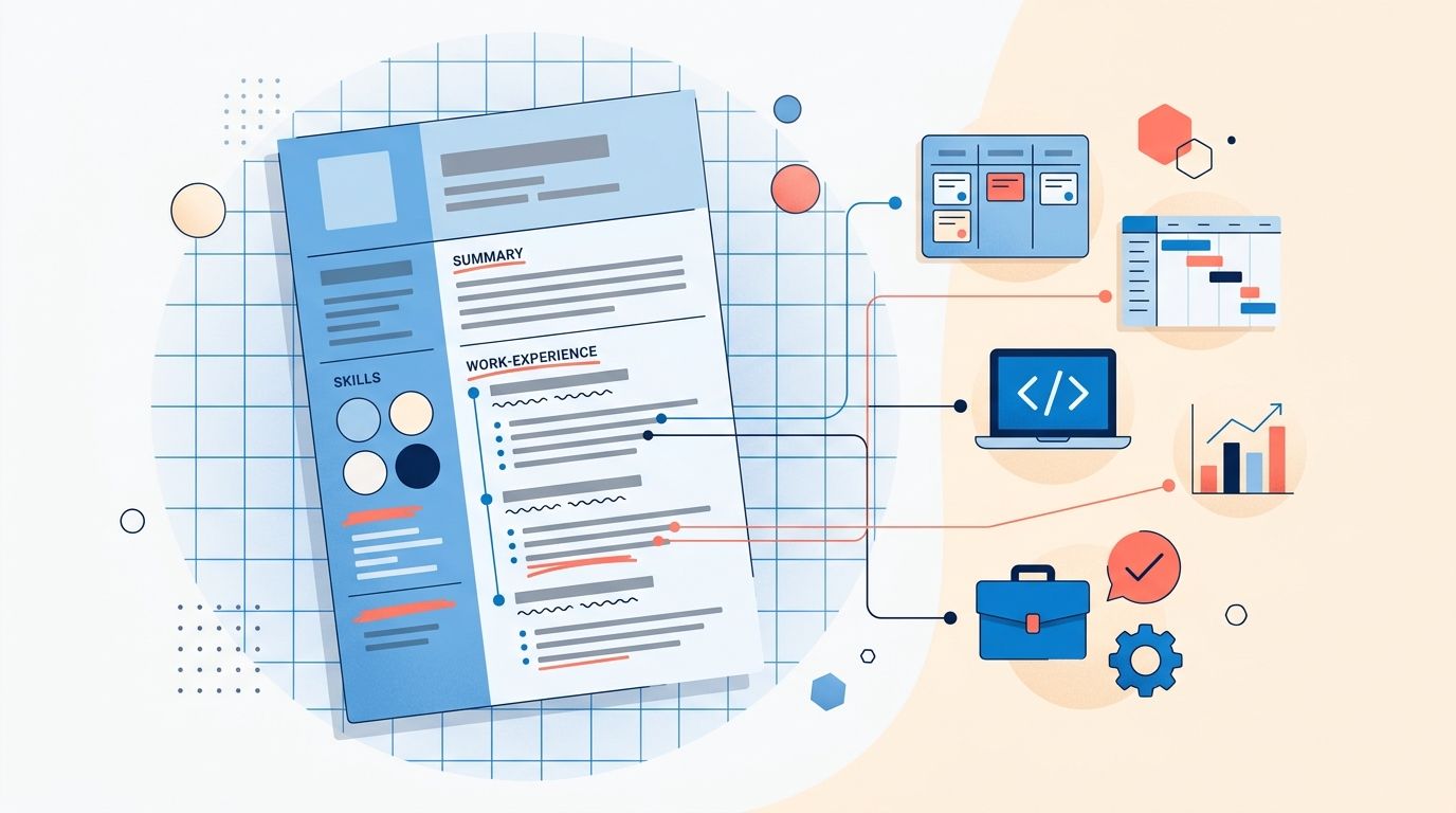 Detailed editorial illustration of a career change resume with connector lines linking sections to target-field icons in soft blue, coral, and cream