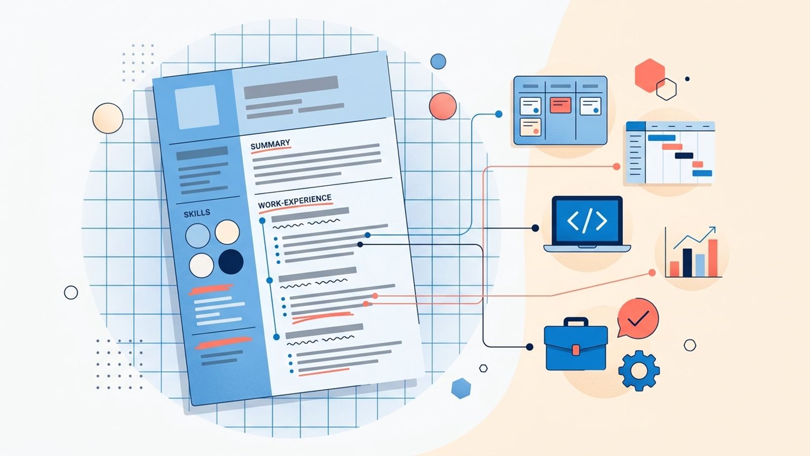 Detailed editorial illustration of a career change resume with connector lines linking sections to target-field icons in soft blue, coral, and cream