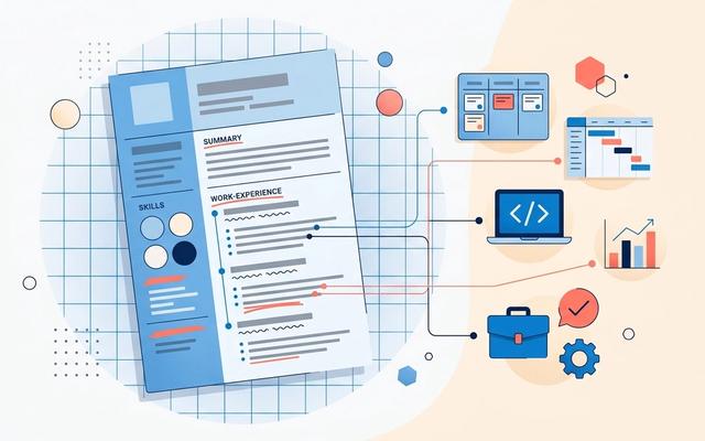 Detailed editorial illustration of a career change resume with connector lines linking sections to target-field icons in soft blue, coral, and cream