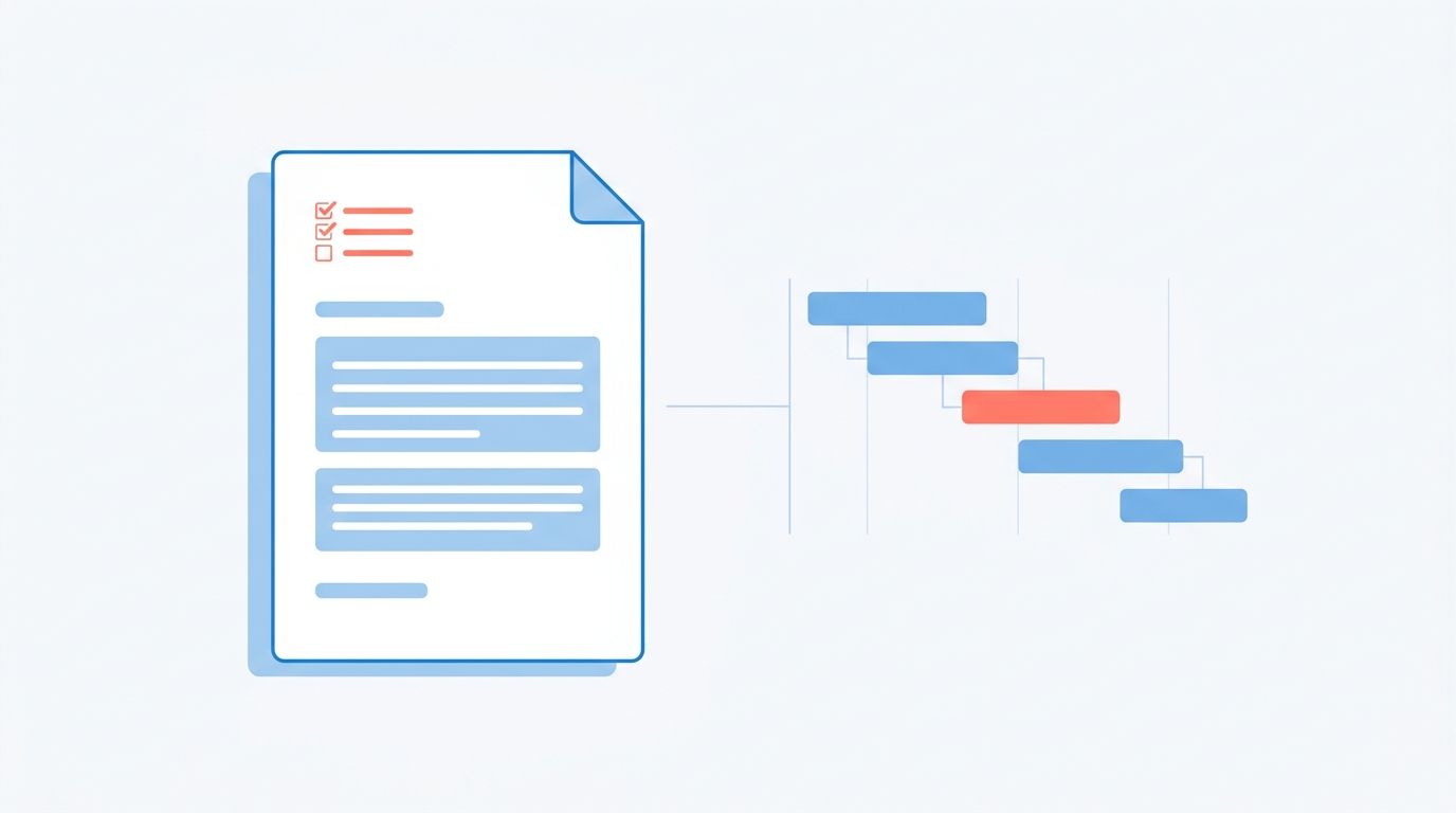 Abstract illustration of a cover letter document paired with a stylized Gantt chart or Kanban board fragment in soft blue and coral on a light background