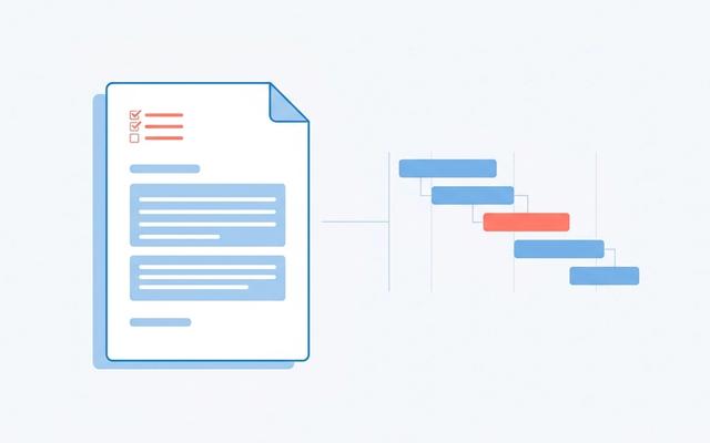 Abstract illustration of a cover letter document paired with a stylized Gantt chart or Kanban board fragment in soft blue and coral on a light background