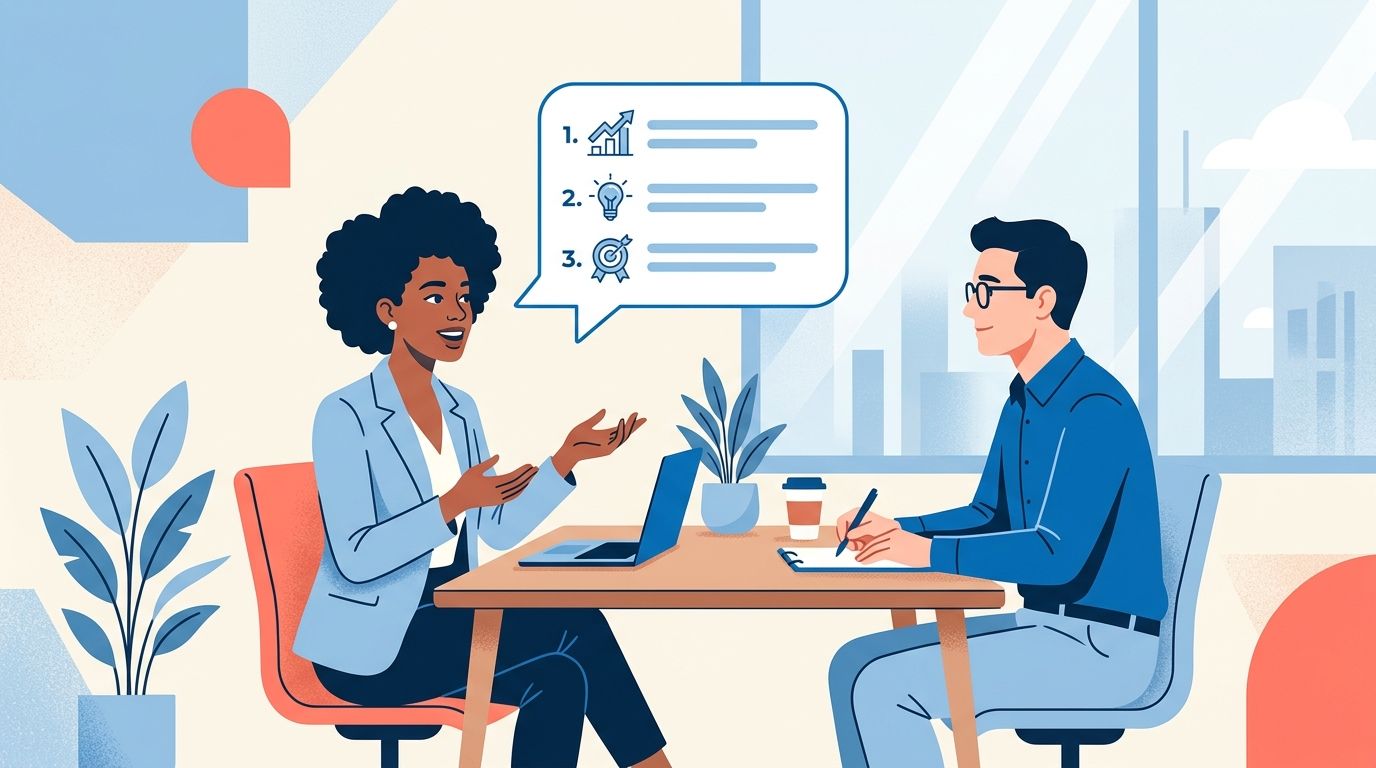 Tell me about yourself interview answer: two people in an interview with structured response