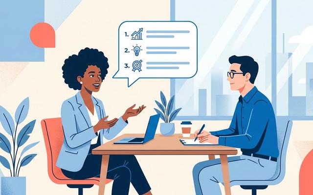 Tell me about yourself interview answer: two people in an interview with structured response