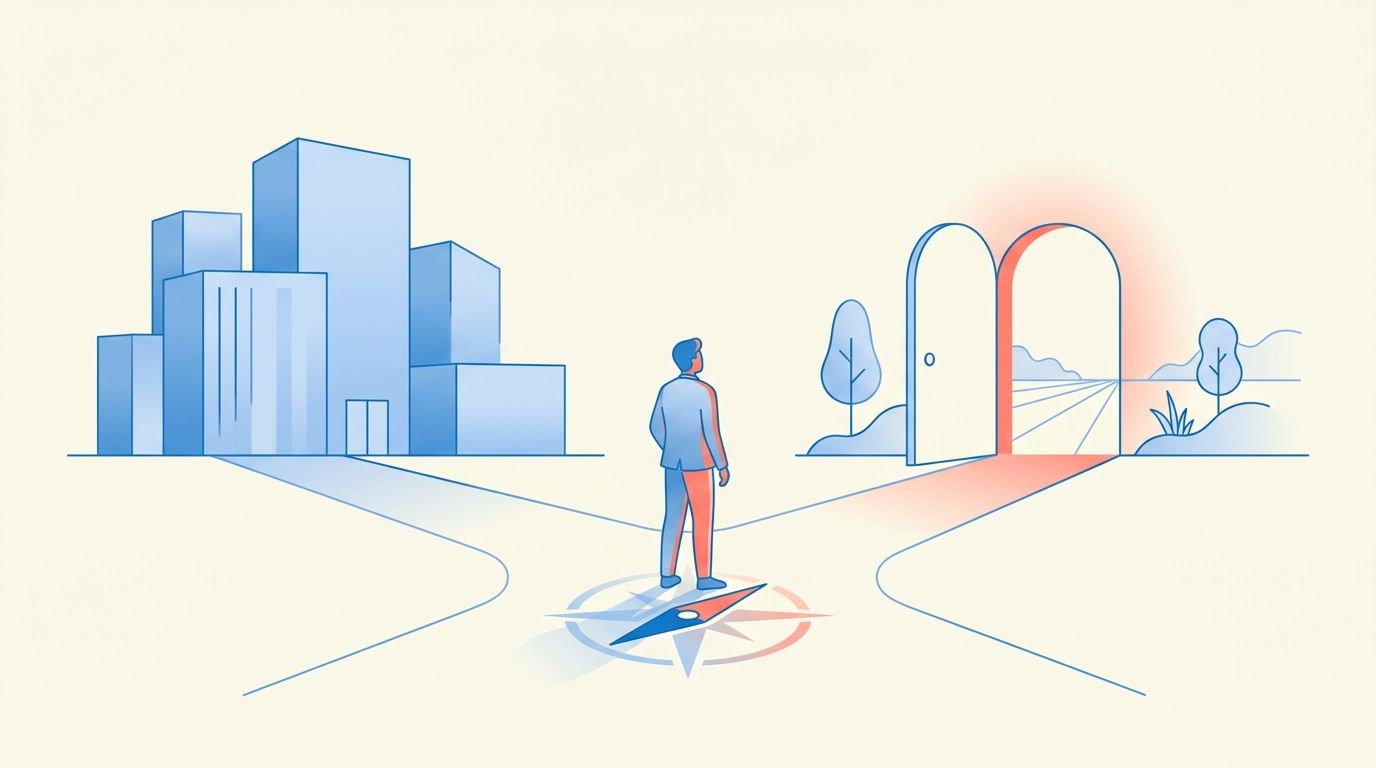 Career change at 40: a person standing at a crossroads between their current career and a new direction