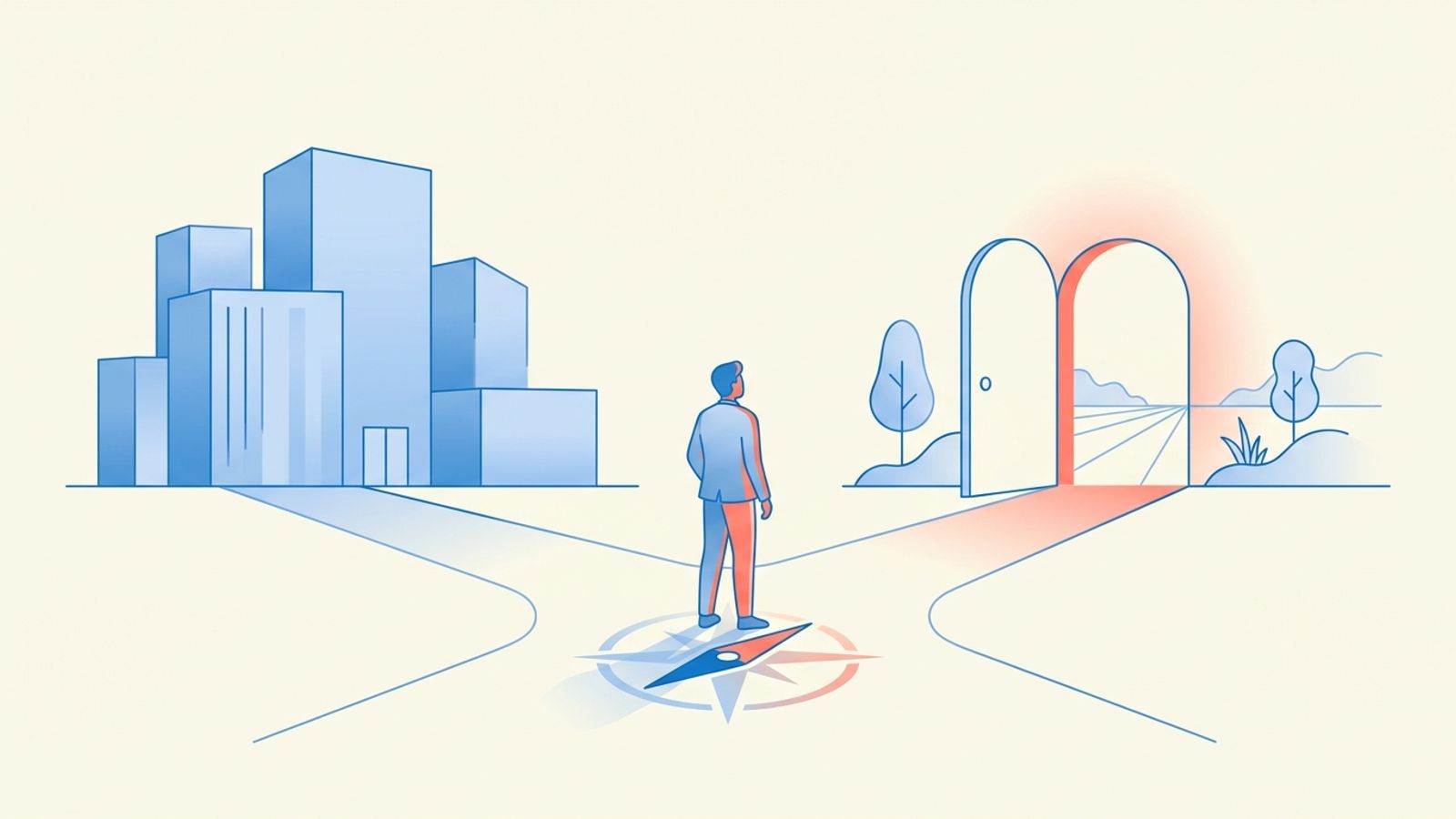 Career change at 40: a person standing at a crossroads between their current career and a new direction