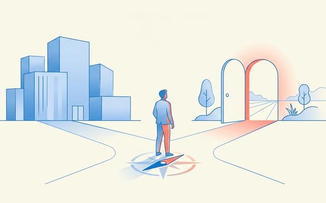 Career change at 40: a person standing at a crossroads between their current career and a new direction