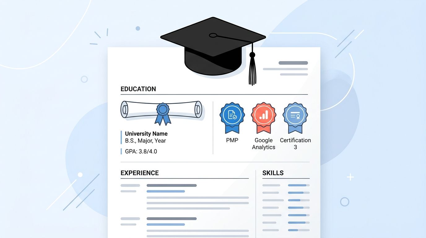 Graduation cap on a resume document with education credentials and certification badges