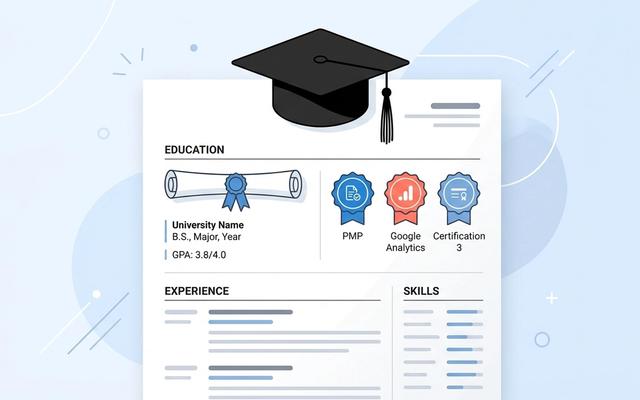 Graduation cap on a resume document with education credentials and certification badges