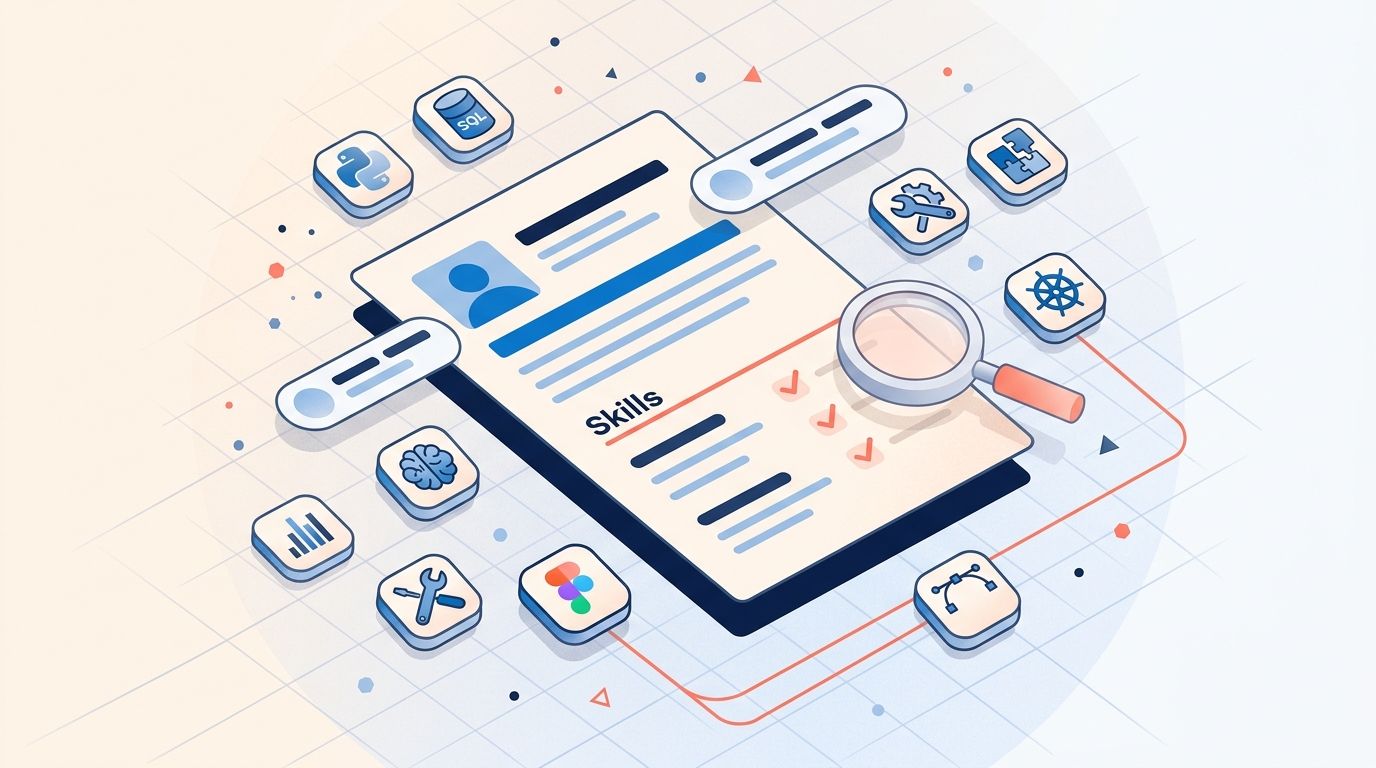 Detailed editorial illustration of a resume document with the Skills section highlighted by a coral underline, surrounded by category icons for Python, SQL, Tableau, AI tools, problem-solving, design, and Kubernetes, with a magnifying glass marking ATS-matched keywords, in soft blue and coral on a light background