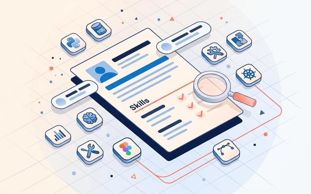 Detailed editorial illustration of a resume document with the Skills section highlighted by a coral underline, surrounded by category icons for Python, SQL, Tableau, AI tools, problem-solving, design, and Kubernetes, with a magnifying glass marking ATS-matched keywords, in soft blue and coral on a light background