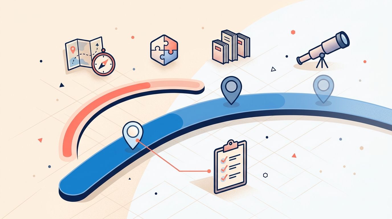 Detailed editorial illustration of a horizontal timeline arc with three milestone markers (90 days, 1 year, 3 years) surrounded by strategic planning icons including a map with compass, hexagonal puzzle piece, books, clipboard with checkmarks, and a telescope, with a coral progress arc highlighting the 90-day sprint, in soft blue and coral on a light background