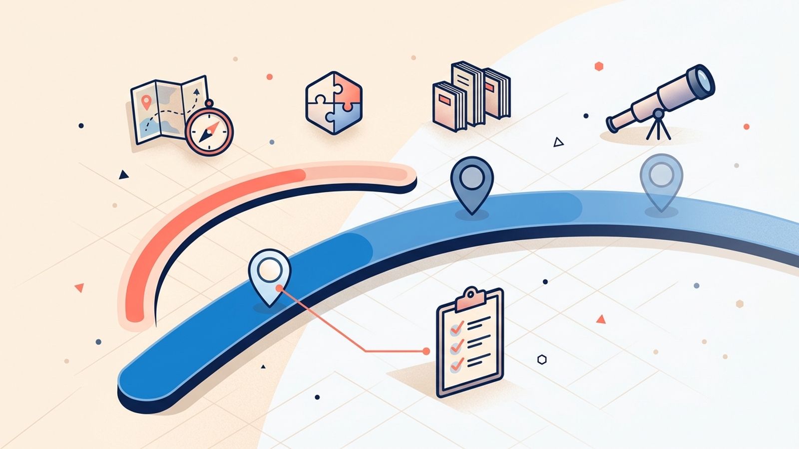 Detailed editorial illustration of a horizontal timeline arc with three milestone markers (90 days, 1 year, 3 years) surrounded by strategic planning icons including a map with compass, hexagonal puzzle piece, books, clipboard with checkmarks, and a telescope, with a coral progress arc highlighting the 90-day sprint, in soft blue and coral on a light background