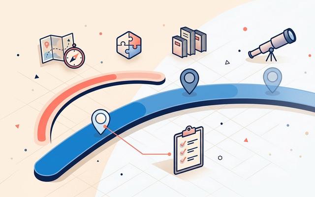 Detailed editorial illustration of a horizontal timeline arc with three milestone markers (90 days, 1 year, 3 years) surrounded by strategic planning icons including a map with compass, hexagonal puzzle piece, books, clipboard with checkmarks, and a telescope, with a coral progress arc highlighting the 90-day sprint, in soft blue and coral on a light background