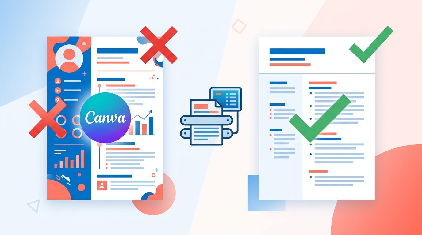 Comparison of a colorful Canva resume failing ATS versus a simple ATS-compatible resume