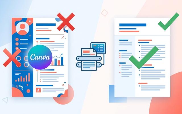 Comparison of a colorful Canva resume failing ATS versus a simple ATS-compatible resume