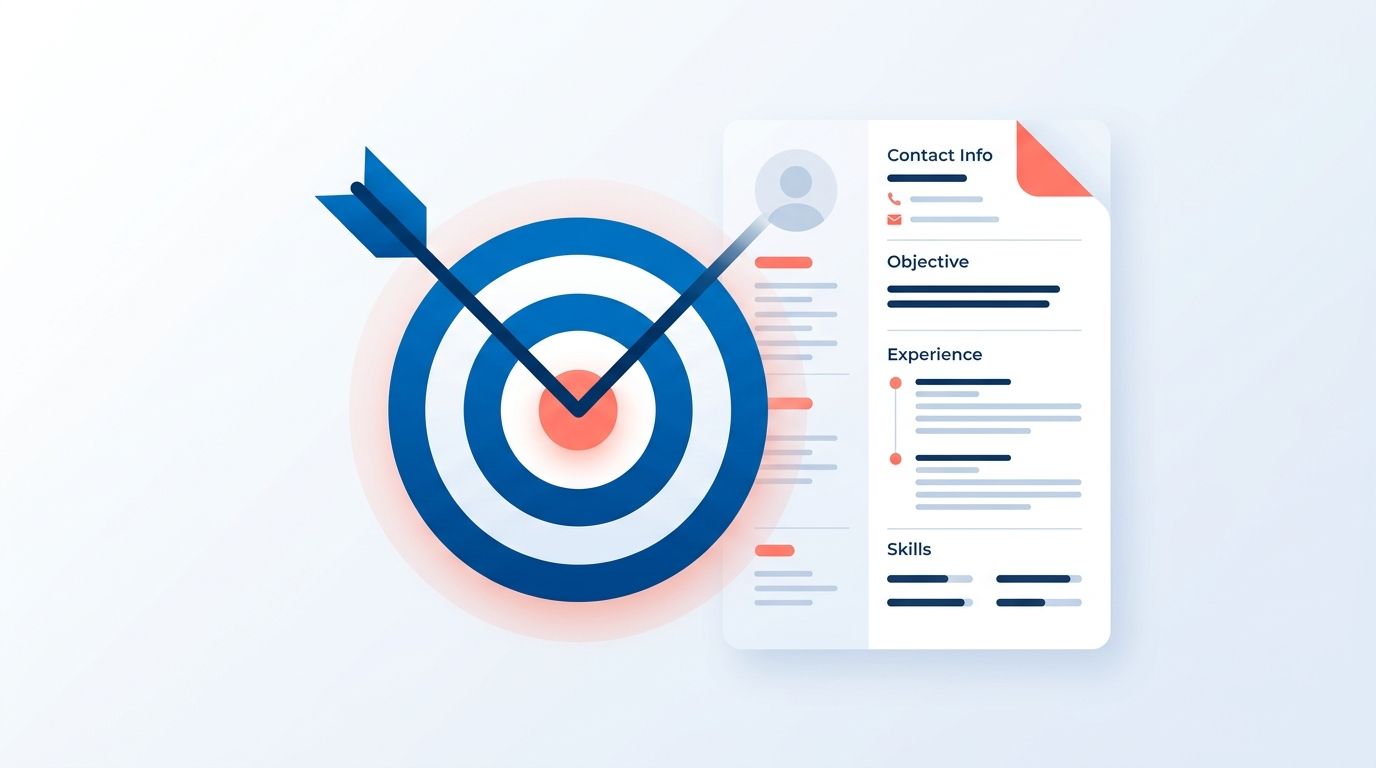 Target icon with arrow next to a resume showing the Objective section highlighted