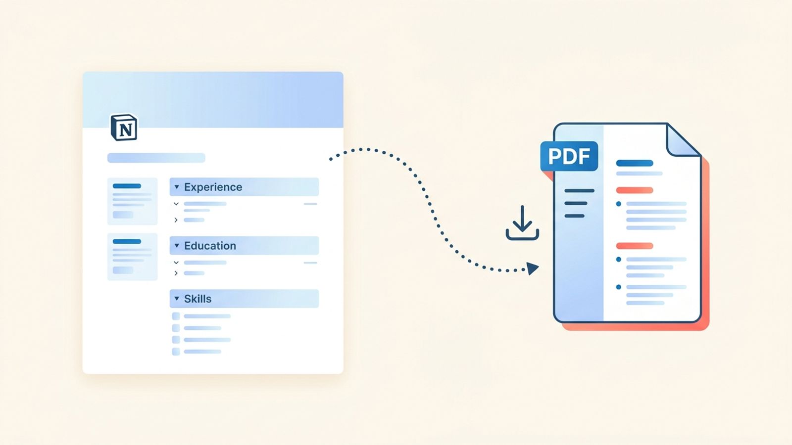 Abstract illustration of a Notion-style blocky page transitioning into a clean PDF document, representing the Notion-to-PDF resume workflow