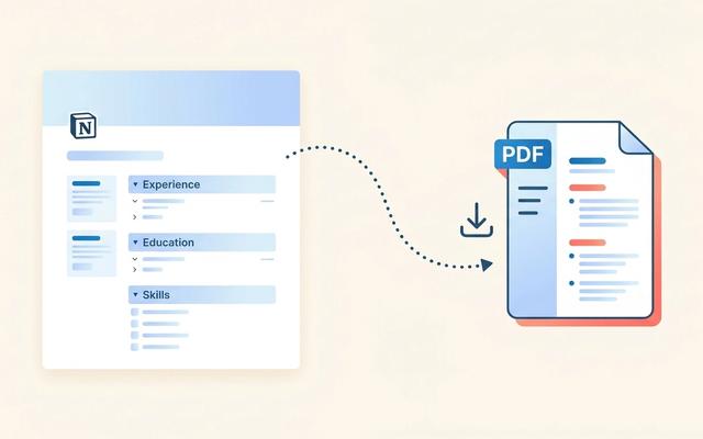 Abstract illustration of a Notion-style blocky page transitioning into a clean PDF document, representing the Notion-to-PDF resume workflow